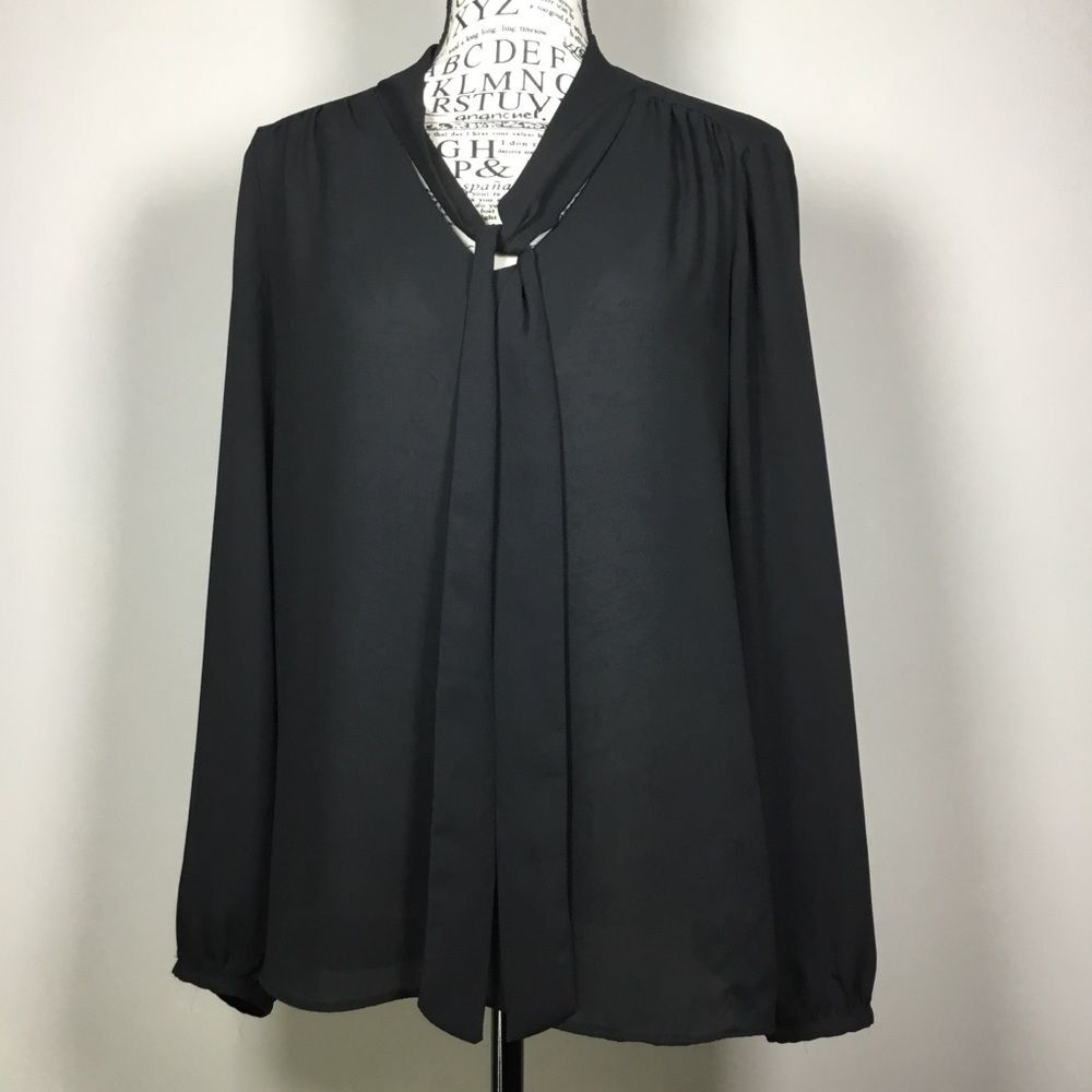 Black very slightly sheer tie front blouse business casual closet staple sz S
